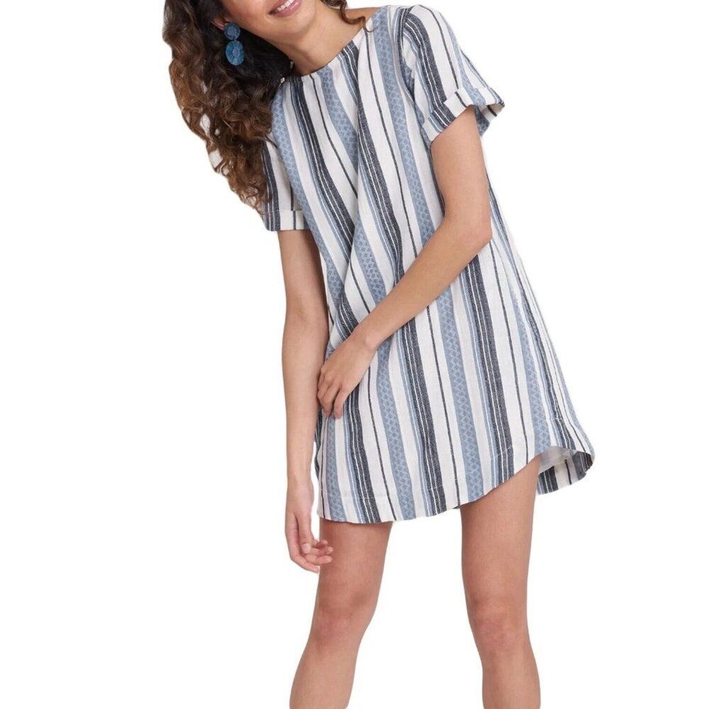 Roller Rabbit Women's Small Jacquard Stripe Hinata Dress Blue Pockets Coastal